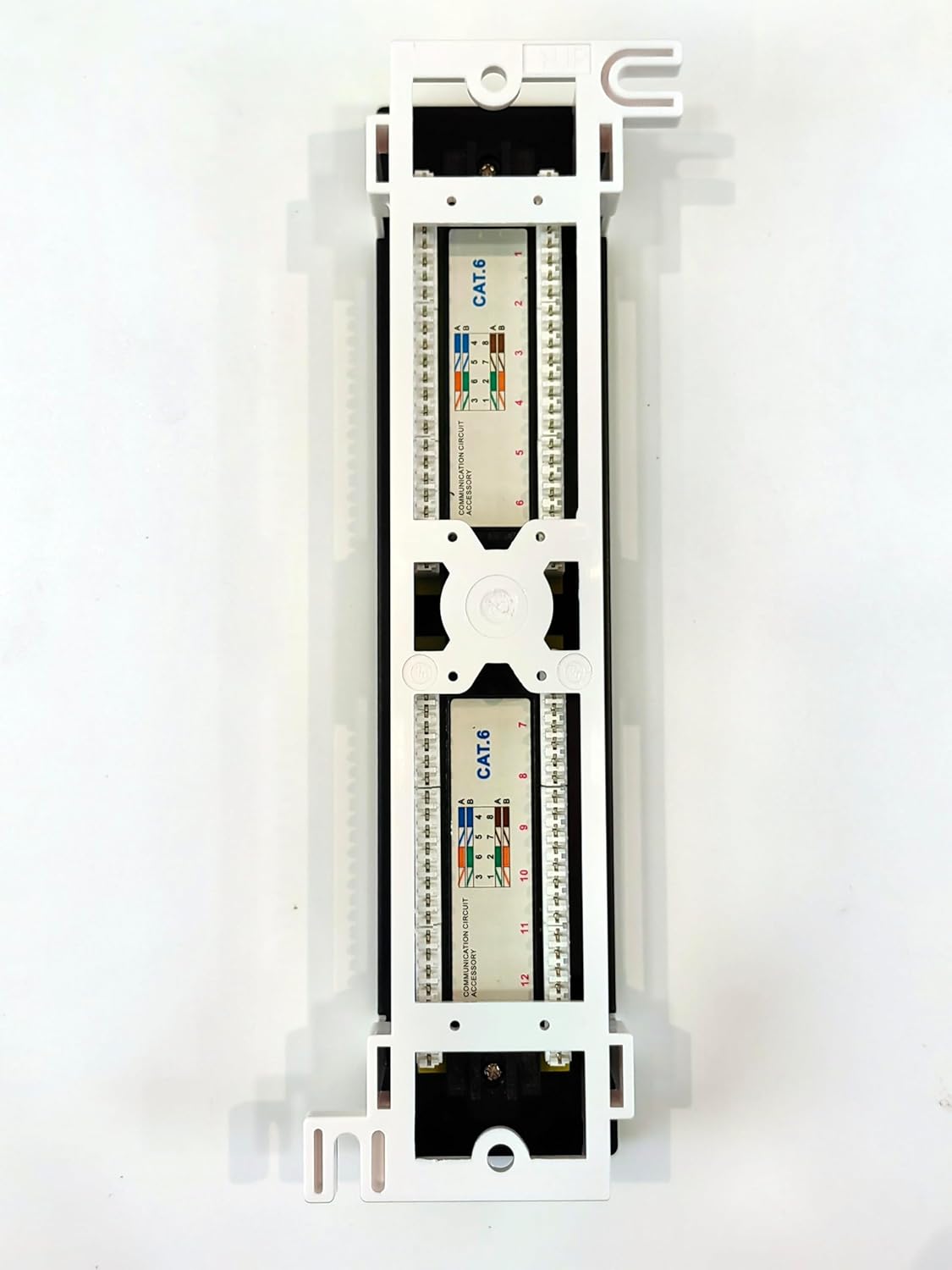 back view of FIBAsource 12-port patch panel showing individual connectors for ethernet cable terminations, organised for efficient cable management in network setups and server rooms. back mount fitted.