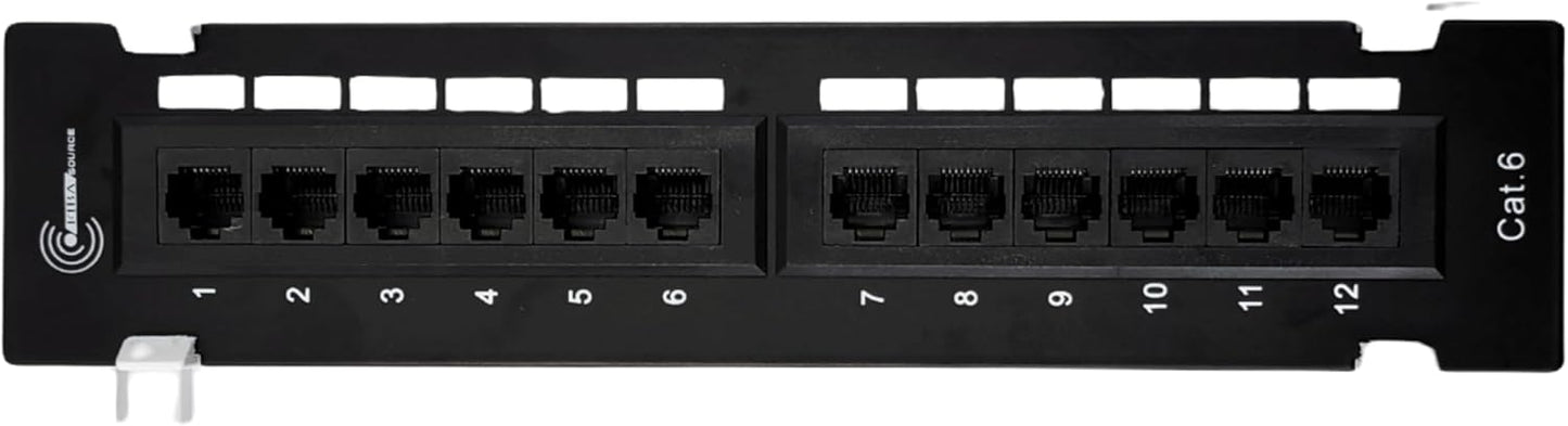 Front, flat, view of FIBAsource black 12-port patch panel with numbered RJ45 ports for ethernet cable connections, designed for network cable management and structured cabling in data centres and server rooms.