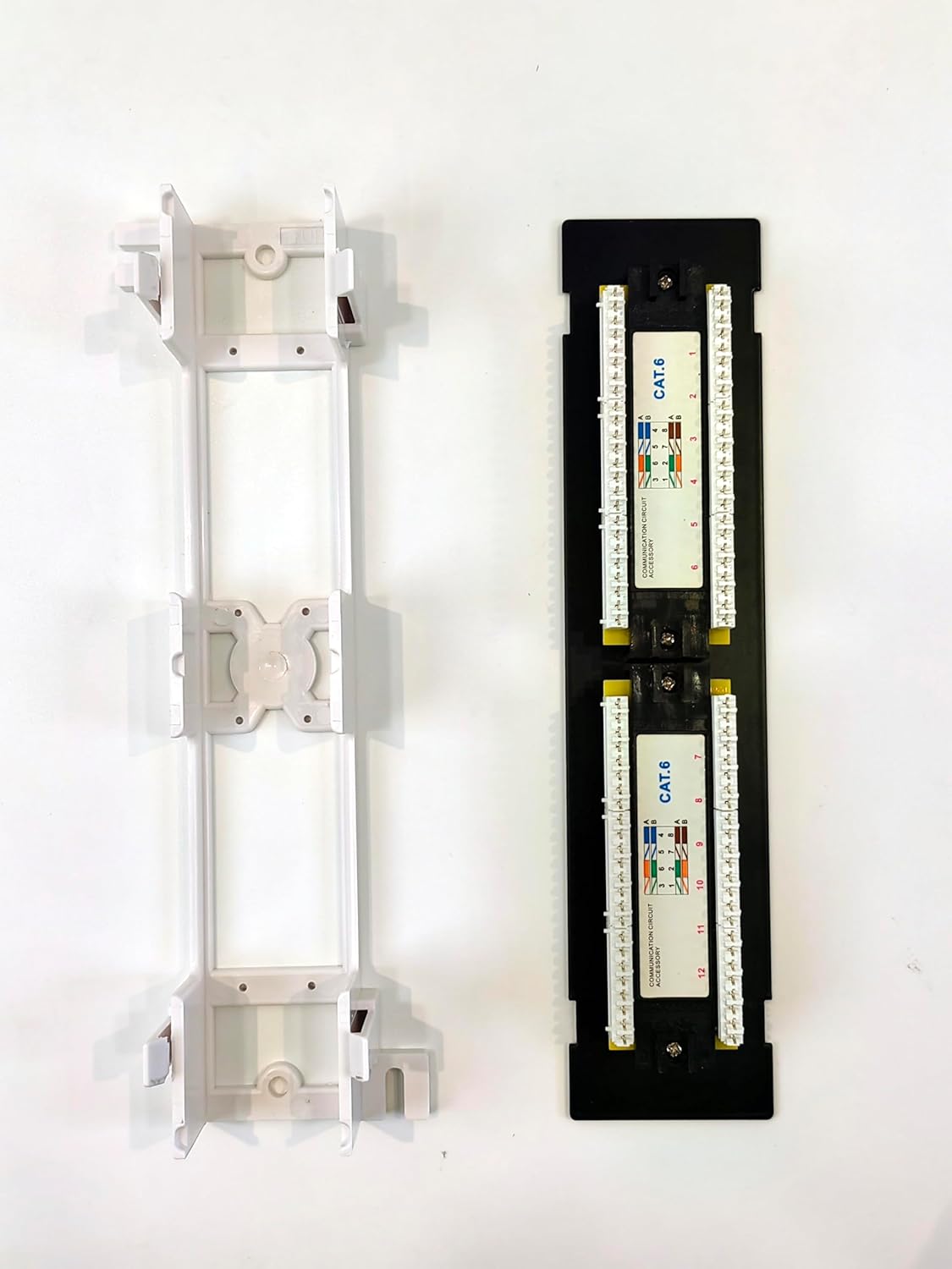 back view of FIBAsource 12-port patch panel showing individual connectors for ethernet cable terminations, organised for efficient cable management in network setups and server rooms. back mount beside the patch panel.
