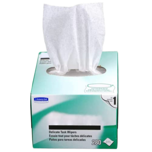 FIBAsource 280pcs Delicate Task Wiper Box for Optical Fiber Cleaning. Anti-static, dust-free wipes in compact packaging, ideal for delicate fiber optic maintenance. Suitable for scientific and optical applications