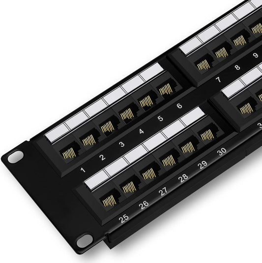 The image showcases a sleek black 48 Port Cat6 Patch Panel by FIBAsource Ltd, featuring meticulously labeled RJ45 ports, each numbered in crisp white. Designed for optimal network organization, this panel supports 10G Ethernet to ensure efficient cable management within any structured setup.
