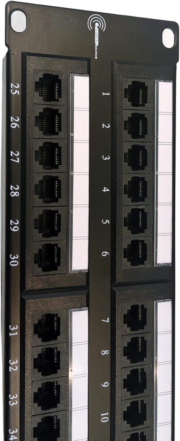 The FIBAsource Ltd 48 Port Cat6 Patch Panel offers a sophisticated black design and multiple RJ45 Ethernet ports specifically engineered for 10G Ethernet connectivity. The upper half of the panel features ports numbered from 1 to 12, and the lower half contains ports numbered from 25 to 36, with convenient blank labeling areas for simple identification and organization.