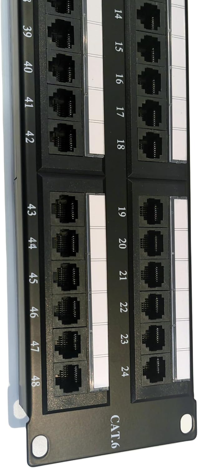 A black 48-port CAT6 patch panel from FIBAsource Ltd, ideal for 10G Ethernet connections, features Ethernet jacks numbered from 1 to 48. Above the ports are white labeling strips for easy identification, and the panel is designed to be oriented vertically.