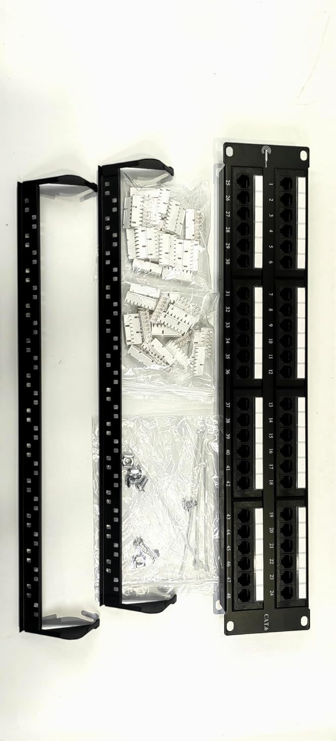 A 48 Port Cat6 Patch Panel FIBAsource from FIBAsource Ltd, in black, is set against a white background. Designed for 10G Ethernet connections, accessories like cable ties and screws are neatly arranged in plastic packaging next to it.