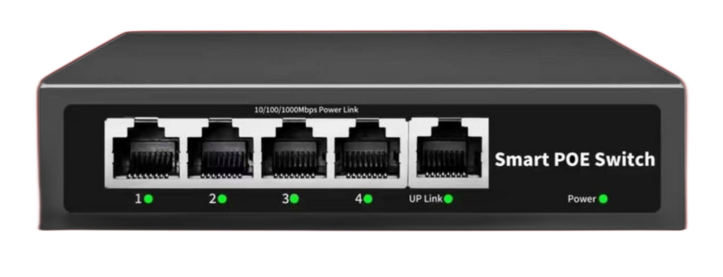 The black 5 Port Smart POE Switch, model BT04G-4+1GE from FIBAsource Ltd, includes five Ethernet RJ45 ports labeled 1 to 4 and UP Link. Active connections are indicated by green LED lights. The front panel highlights high-speed Ethernet switching capabilities with support for 10/100/1000Mbps Power Link as well as Smart PoE power supply functionality.