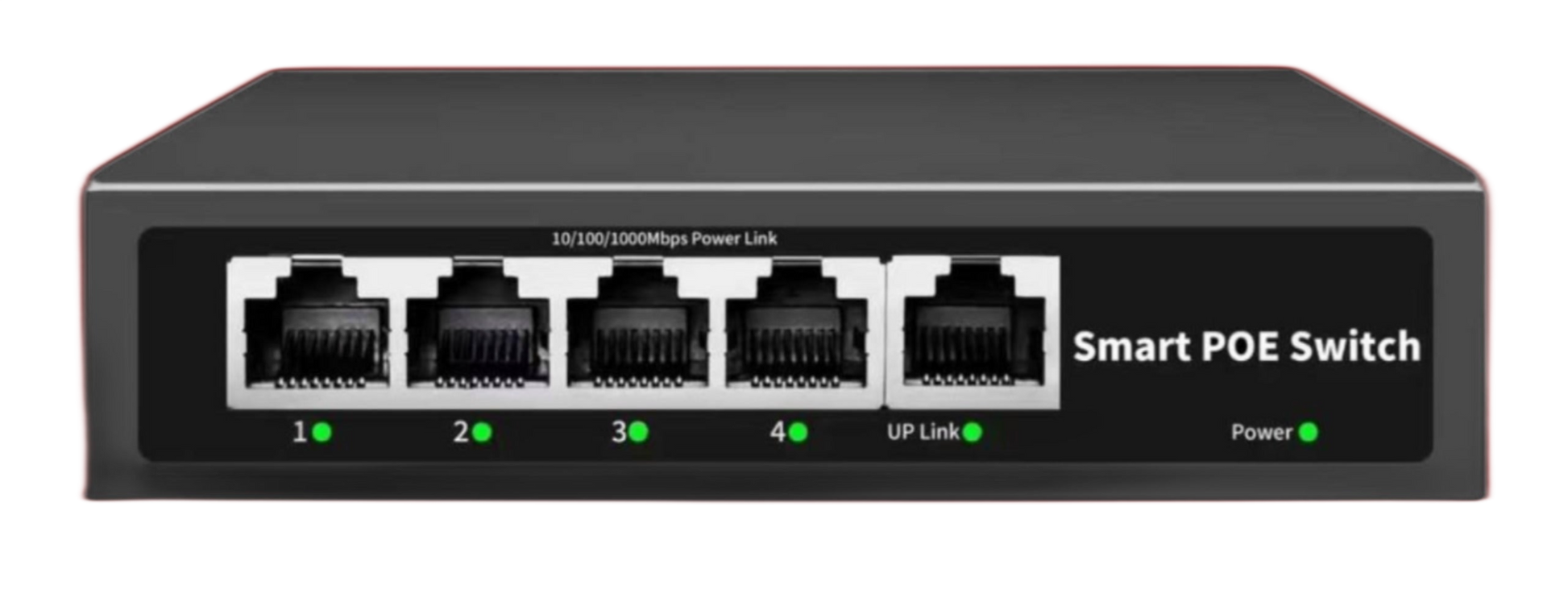 The black 5 Port Smart POE Switch, model BT04G-4+1GE from FIBAsource Ltd, includes five Ethernet RJ45 ports labeled 1 to 4 and UP Link. Active connections are indicated by green LED lights. The front panel highlights high-speed Ethernet switching capabilities with support for 10/100/1000Mbps Power Link as well as Smart PoE power supply functionality.