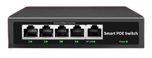 The black 5 Port Smart POE Switch, model BT04G-4+1GE from FIBAsource Ltd, includes five Ethernet RJ45 ports labeled 1 to 4 and UP Link. Active connections are indicated by green LED lights. The front panel highlights high-speed Ethernet switching capabilities with support for 10/100/1000Mbps Power Link as well as Smart PoE power supply functionality.