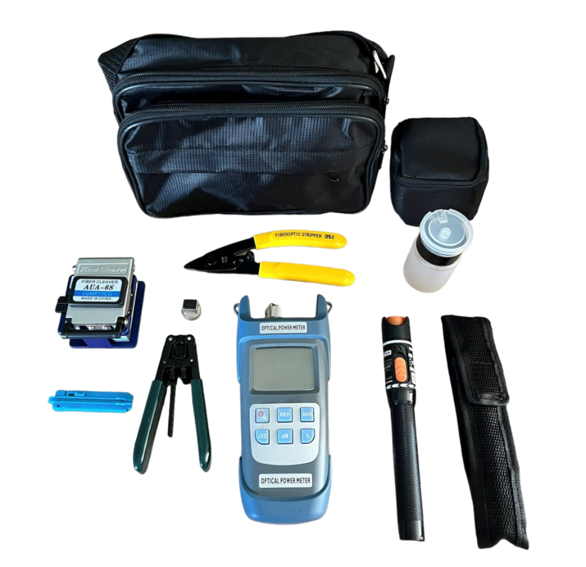 Introducing the 9 in1 Fibre Optic Tool Kit by FIBAsource Ltd, featuring a Fibre Optic Power Meter, Visual Fault Locator, sturdy black carrying case, durable yellow-handled crimping tool, precision blue fiber cleaver, sleek black pen light, and a host of other essential accessories to meet all your installation needs.