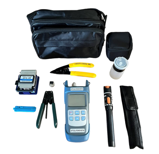 Introducing the 9 in1 Fibre Optic Tool Kit by FIBAsource Ltd, featuring a Fibre Optic Power Meter, Visual Fault Locator, sturdy black carrying case, durable yellow-handled crimping tool, precision blue fiber cleaver, sleek black pen light, and a host of other essential accessories to meet all your installation needs.