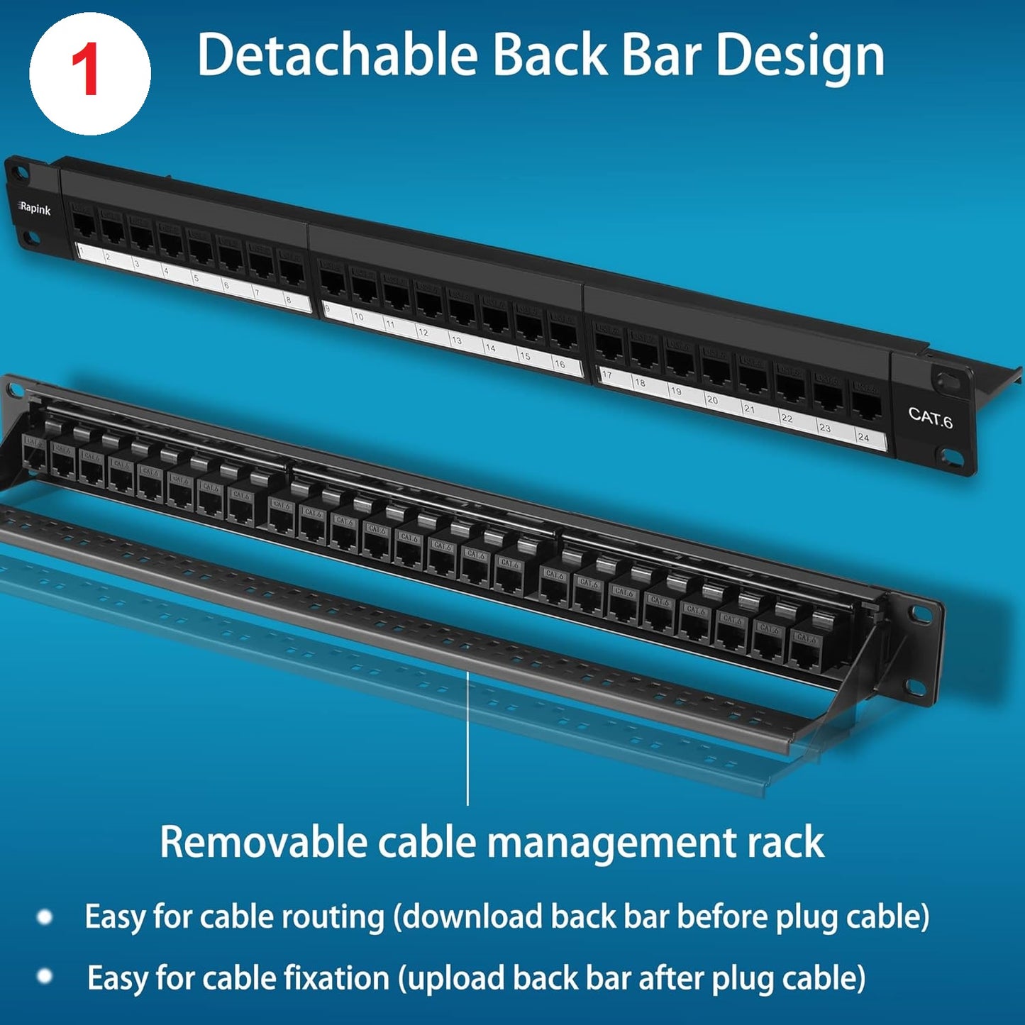 FIBAsource Patch Panel for Ethernet Cable Management, designed for Cat6/Cat5e networks. Features multiple ports for organized connections, high-performance data transfer, and durable construction for long-term use in networking environments.