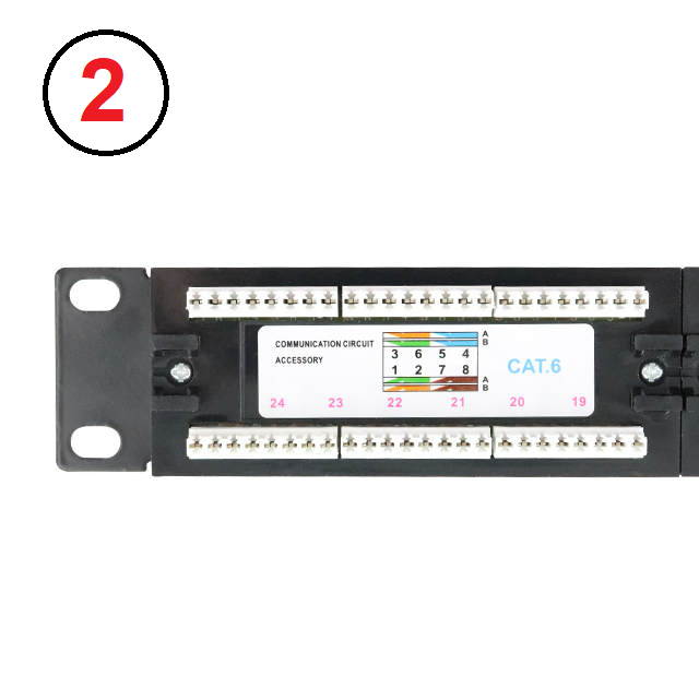 FIBAsource Cat 6 24-Port Patch Panel with 10G Ethernet support. Features punch down installation, gold-plated 8P8C pins for reliable connections, and compatibility with Cat6, Cat5e, and Cat5 cables. Designed for standard 1U, 19-inch racks, wall, or cabinet mounts. Includes cable management tools like zip ties and screws for organized setup. Quick reference 568B labelling for easy installation.