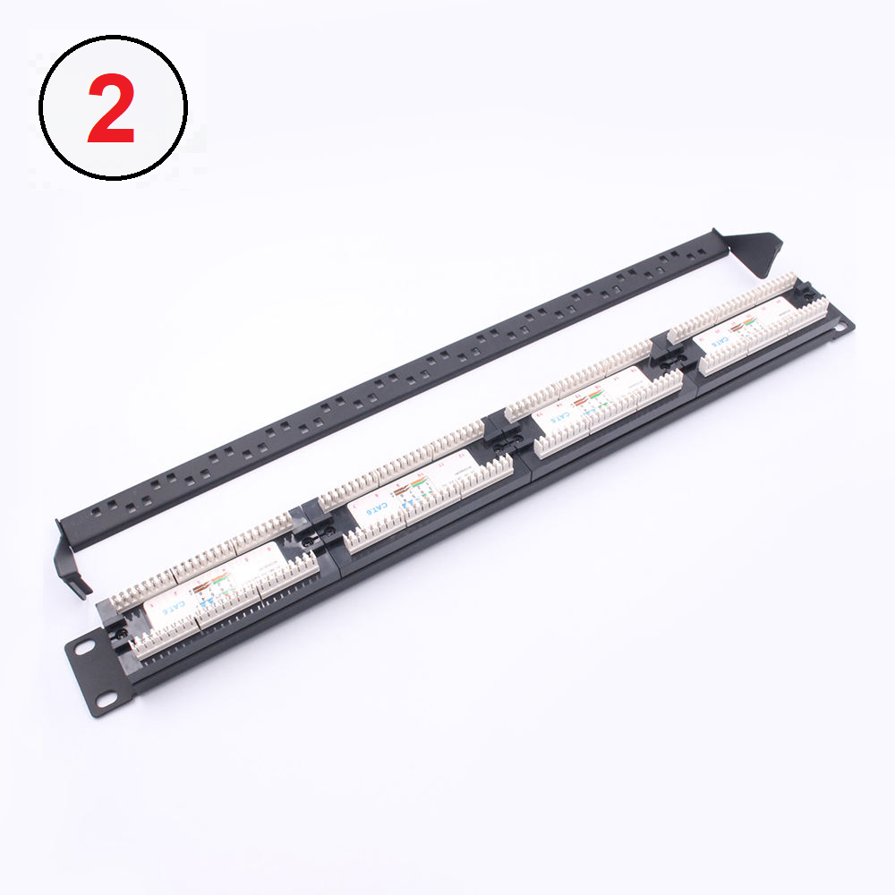 FIBAsource Cat 6 24-Port Patch Panel with 10G Ethernet support. Features punch down installation, gold-plated 8P8C pins for reliable connections, and compatibility with Cat6, Cat5e, and Cat5 cables. Designed for standard 1U, 19-inch racks, wall, or cabinet mounts. Includes cable management tools like zip ties and screws for organized setup. Quick reference 568B labelling for easy installation.