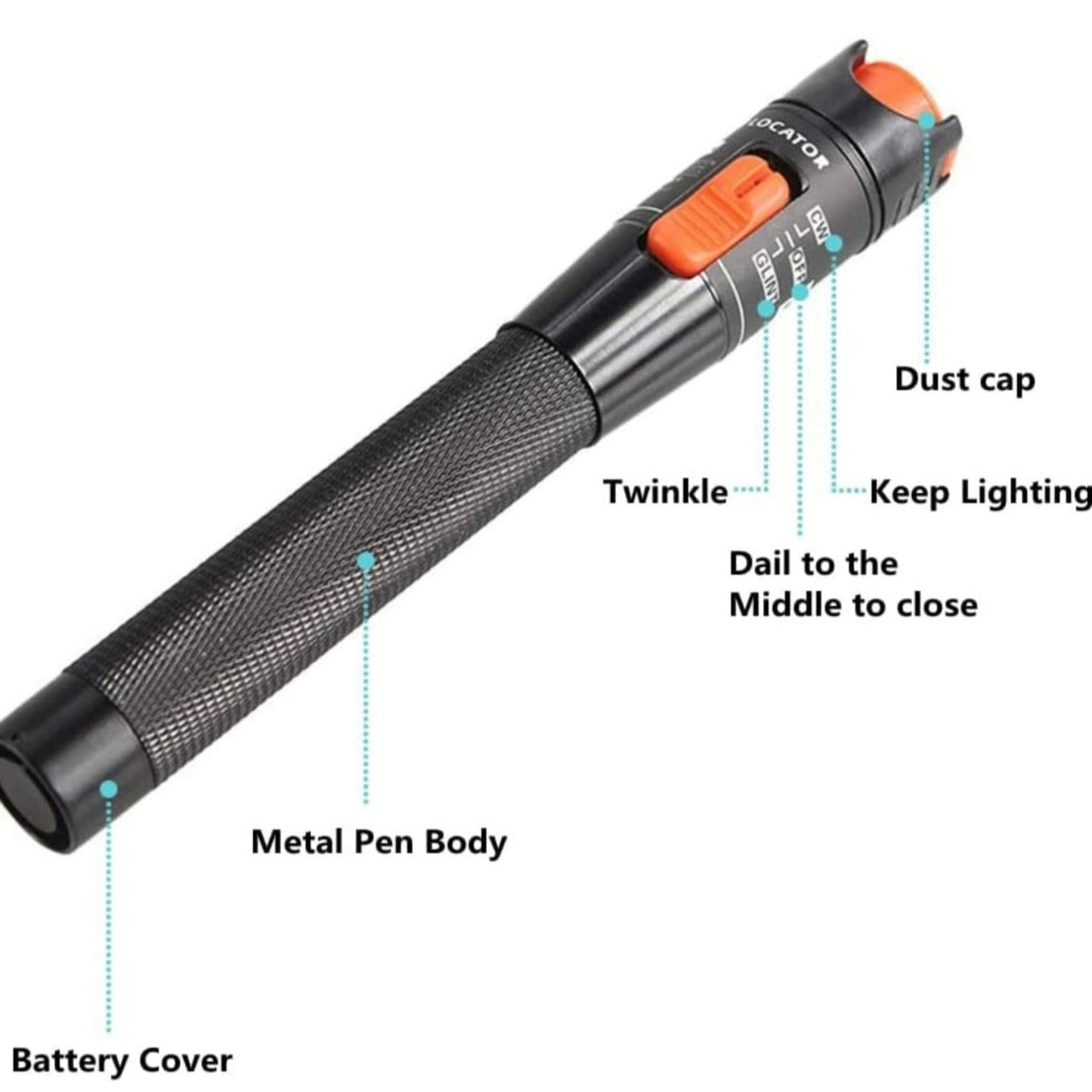 10mW Visual Fault Locator for identifying breaks and bends in fibre optic cables, available at FIBAsource. Detail