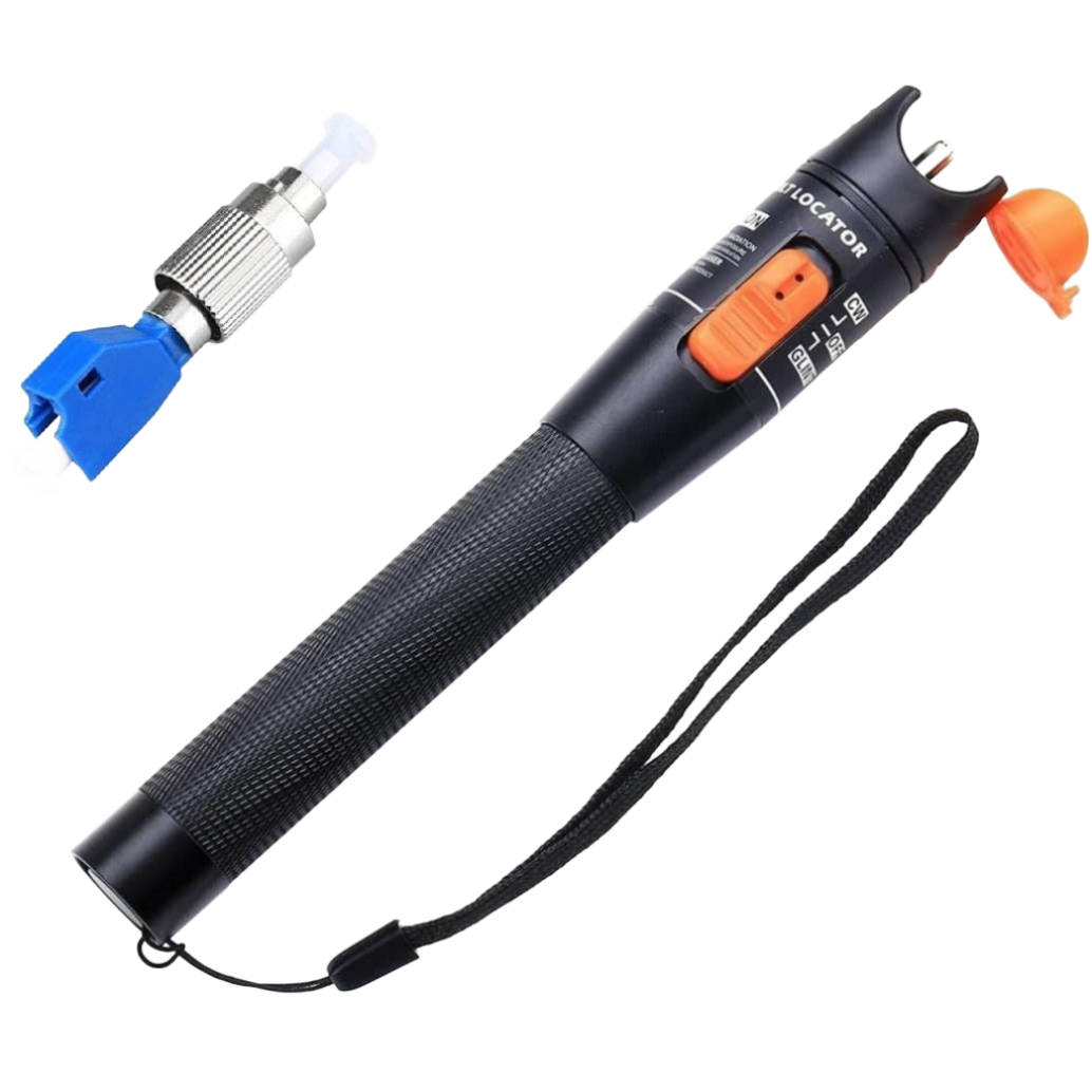 Introducing the FIBAsource Ltd 10KM Visual Fault Locator and Universal Connector, a black fiber optic cable tester featuring an orange button and wrist strap, complete with measurement markings on the side. Perfect for fiber optic testing and fault detection, it includes a blue and silver connector on the left.
