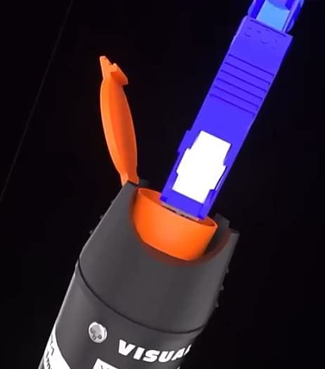 A 10KM Visual Fault Locator and Universal Connector by FIBAsource Ltd is depicted with its cap removed, set against a dark background. A blue SC connector is plugged into the device's orange port, showcasing its fault detection capabilities for fiber optic testing.
