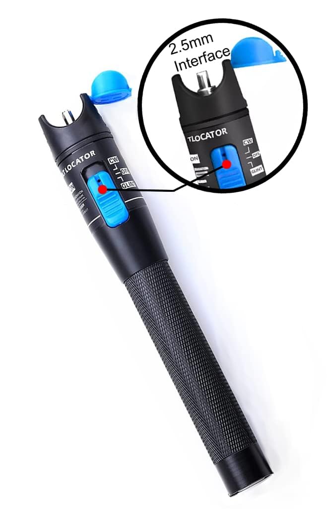 5mW Visual Fault Locator for identifying breaks and bends in fibre optic cables, available at FIBAsource. Switch