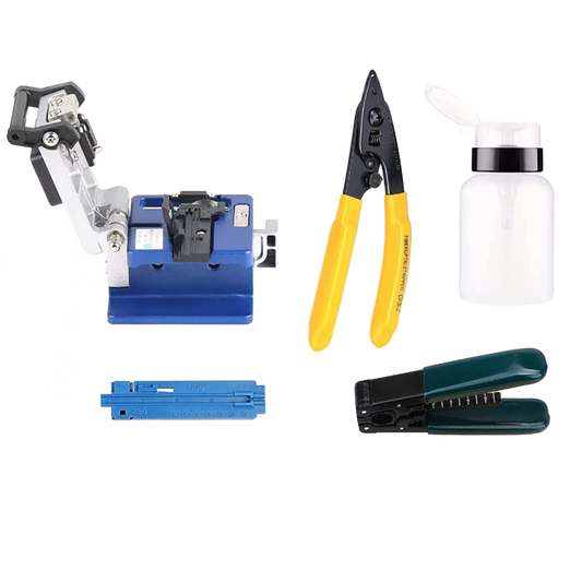 The FIBAsource Optical Fibre Cleaver 6 in 1 Tool Kit from FIBAsource Ltd features a blue cleaver with a tungsten steel blade, yellow-and-black fiber optic strippers, a white plastic bottle, a blue measuring tool, and a green-handled crimping tool, all beautifully arranged on a black background.