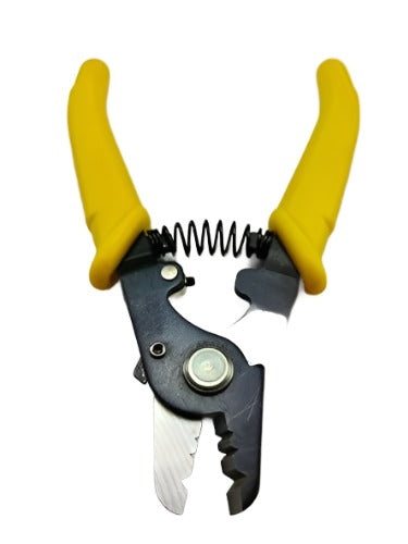 Introducing the Generic Three Hole High Precision Fibre Optic Stripper, designed with easy-grip ergonomic yellow handles and a durable black anodized steel core. This tool features a spring mechanism for smooth operation, along with a serrated cutting edge and notches to effortlessly strip various wire sizes.