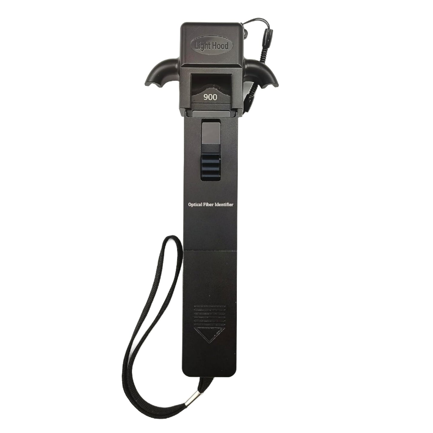 A Portable Optical Fibre Identifier Live Fibre Optic Cable Tester in black by FIBAsource Ltd features a digital screen displaying 900 with a light hood at the top. Designed for optical signal detection, it includes a strap at the bottom for easy portability during fibre network testing.