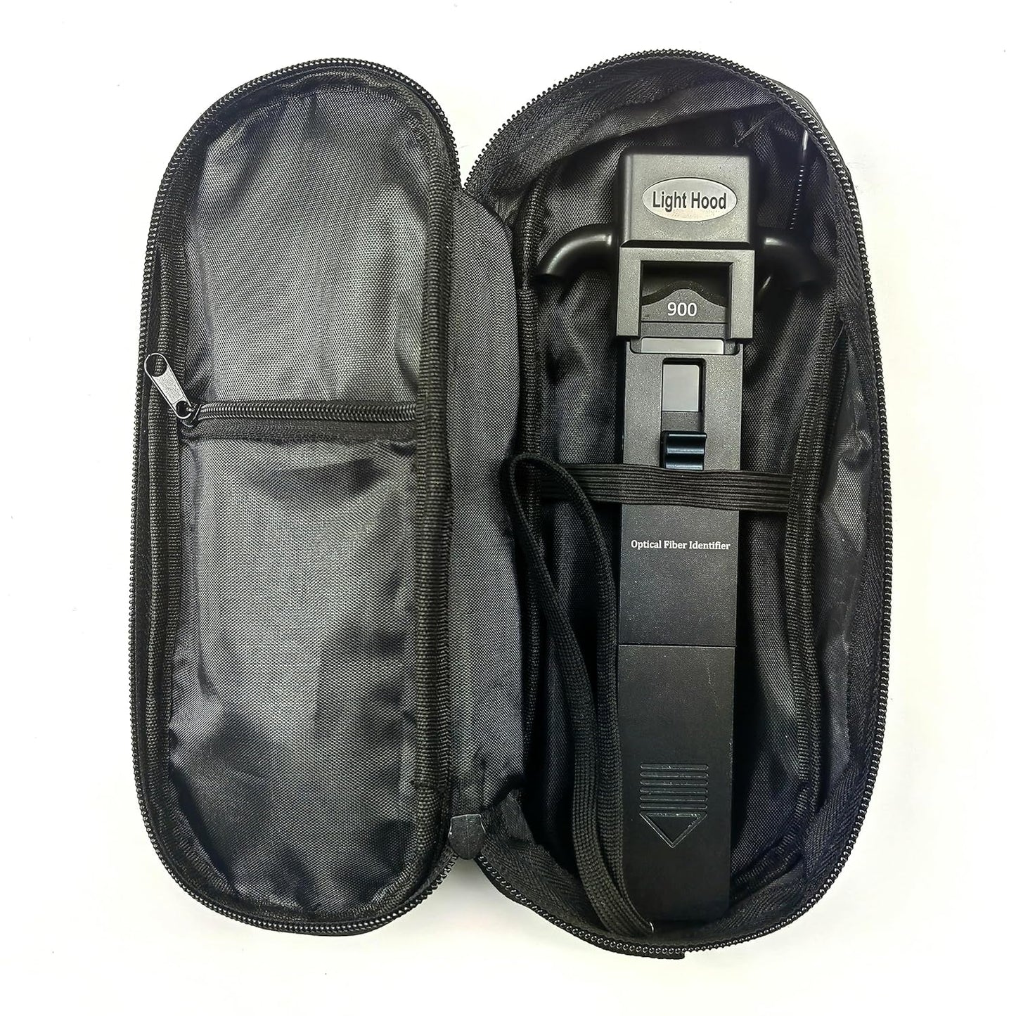 A Portable Optical Fibre Identifier Live Fibre Optic Cable Tester by FIBAsource Ltd is placed in an open black zippered case featuring a left compartment. Labeled with a Light Hood and 90D visible, it assists in optical signal detection. The interior is lined with dark fabric, making it ideal for fibre network testing essentials.