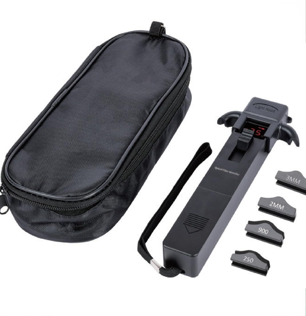 The FIBAsource Ltd Portable Optical Fibre Identifier Live Fibre Optic Cable Tester features a sleek black body with a compact display near the top, ideal for precise optical signal detection. It includes a zippered black pouch, three measurement plates marked 3MM, 2MM, and 900, along with an attached strap for added convenience.