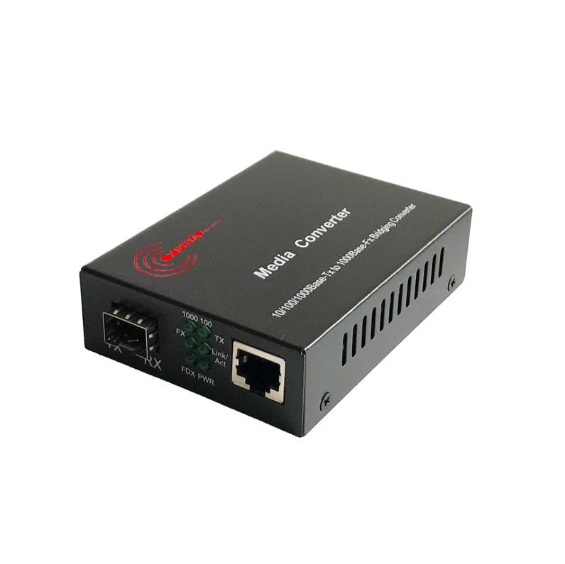 The SFP Ethernet Media Converter with POE Function by FIBAsource Ltd is a sleek black device featuring an optical fiber port and an Ethernet port, designed for bridging network connections. The text on top reads "Media Converter." It offers 100/1000Mbps transmission with low power dissipation for efficient performance.