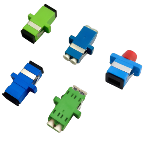 Presenting the Fibre Optic Coupler Series by FIBAsource Ltd, this collection features five adapters in diverse shapes and vibrant colors. It includes two green adapters, two blue ones, and a single red adapter, all displayed on a white background. Each adapter offers unique characteristics with varying port styles and sizes.