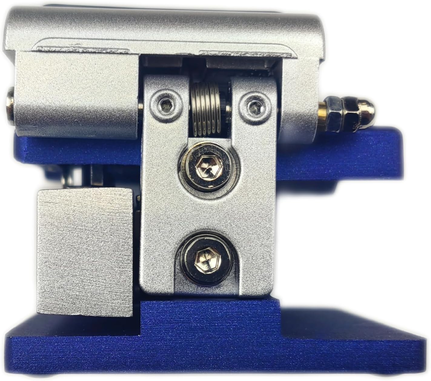 Close-up of a component from FIBAsource Ltd, featuring a silver metallic housing and a blue base, part of the Fibre Optic Cleaver With 2x Options - Catcher and Plastic Protective Case/ Nylon Case. It has two visible screws and a spring mechanism, indicating its functionality as an optical fiber cleaver designed for precise cleaving capabilities with intricate blade rotation functionality.