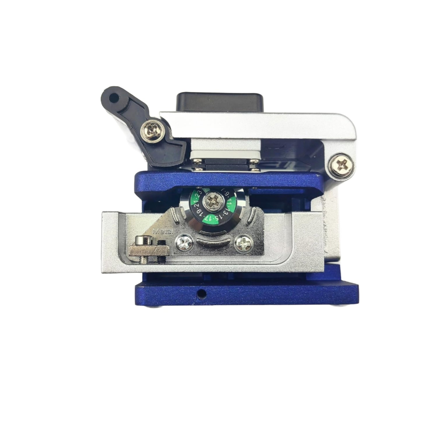 Featured is a close-up of the FIBAsource Ltd Fibre Optic Cleaver With 2x Options - Catcher and Plastic Protective Case/Nylon Case. This precision device, in blue and silver, includes visible adjustment screws, a circular blade for cutting fiber optic cables, blade rotation capability, a top lever for ease of use, and boasts a compact design.