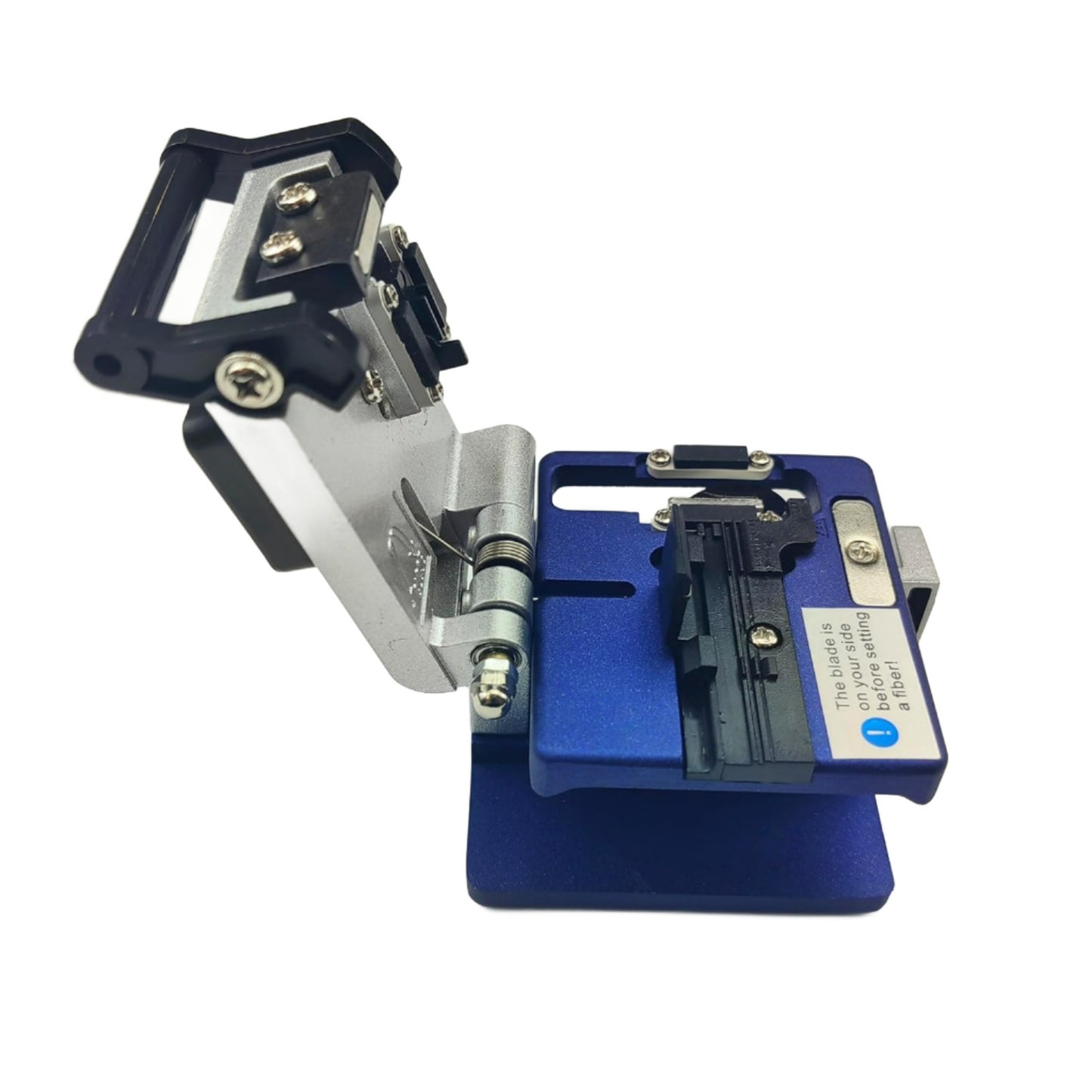 Close-up of the FIBAsource Ltd Fibre Optic Cleaver with a blue base and metallic components, highlighting its sharp blade and adjustable parts for precise cable cutting. The design features easy blade rotation, ensuring accurate cleaving every time. Includes options for a catcher and either a plastic protective case or nylon case.