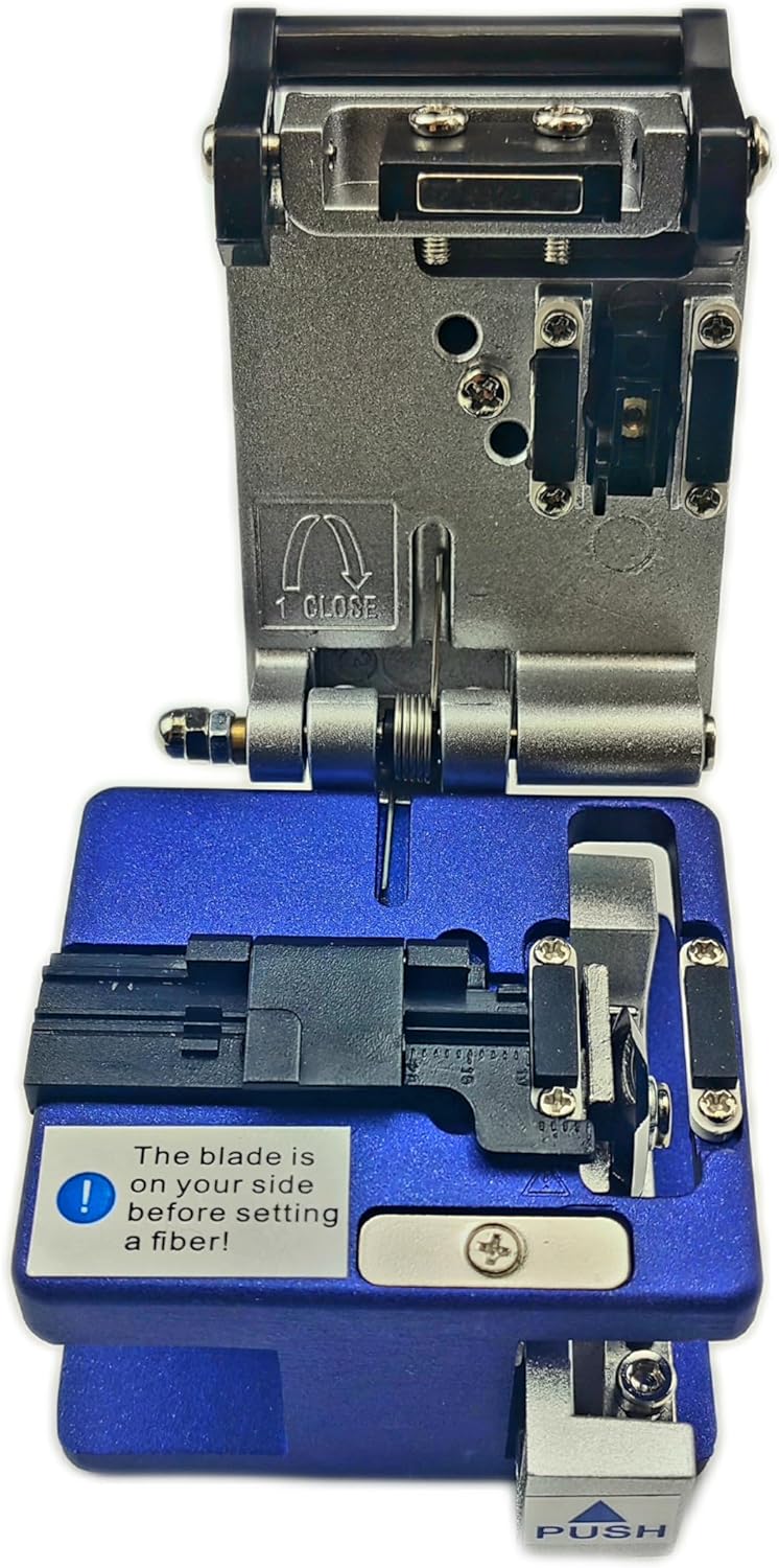 Close-up view of the Fibre Optic Cleaver With 2x Options by FIBAsource Ltd, featuring a blue base and metallic components, along with a push button and a label advising users to ensure precision cleaving by aligning the blade on their side before setting the fiber.