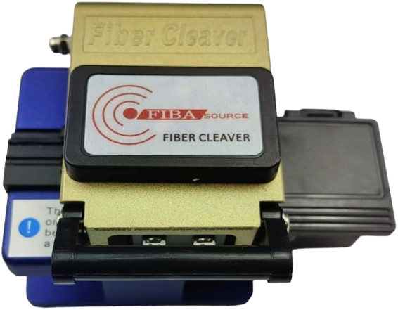 A close-up image of the Fibre Optic Cleaver, branded by FIBAsource Ltd, highlights its gold and blue design paired with a black handle, crafted for precision cleaving. Engineered to provide accurate cutting of fiber optic cables, the device includes features such as blade rotation to enhance efficiency. It is available with options like a catcher or a protective nylon or plastic case.