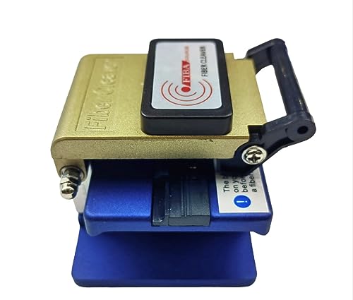 Introducing the Fibre Optic Cleaver with 2x Options - Catcher and Protective Case by FIBAsource Ltd, featuring a metallic gold top paired with a blue base. This device's rectangular cutting mechanism and compact lever handle provide precision cleaving, ensuring accurate cutting of fiber optic cables. The blade rotation feature enhances durability and efficiency.