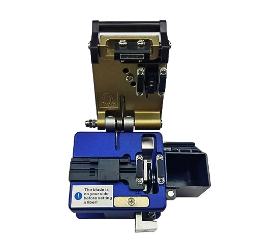 The FIBAsource Ltd Fibre Optic Cleaver, designed with a striking blue and gold metal finish, showcases its precision cleaving abilities through blade rotation. It comes equipped with a blade holder and fiber clamp for enhanced functionality. A warning label is prominently displayed on its blue surface, indicating readiness for immediate use in its open state. The product offers two options, featuring a catcher and a choice between a plastic protective case or nylon case.