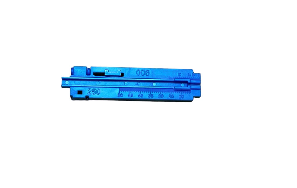 A measurement tool with a sliding component and marked measurements from 0 to 250, set against a white background, is part of the blue-themed 9 in 1 Fibre Optic Tool Kit by FIBAsource Ltd.