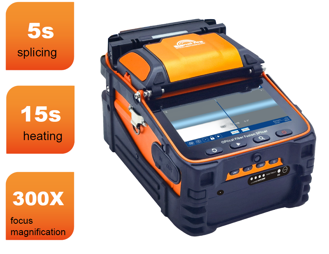 The AI-9 FTTH Optical Fusion Splicer by FIBAsource Ltd is an optical fibre machine with a digital screen that displays splice information. It boasts a high-speed motor for 5-second splicing, 15-second heating, and 300X focus magnification, all in a striking orange and black design.
