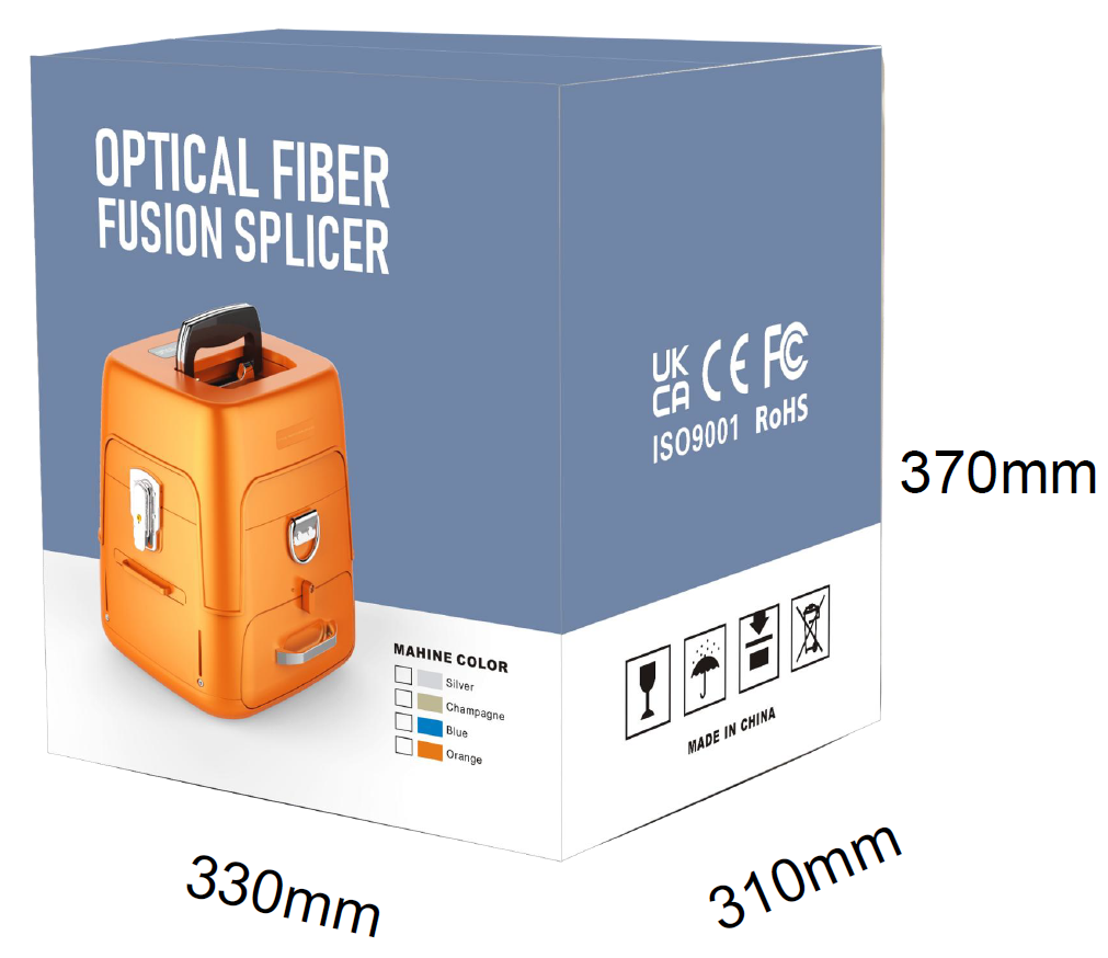 Packaging box for the AI-9 FTTH Optical Fusion Splicer by FIBAsource Ltd. The box features an orange splicer device and labels that confirm compliance with UKCA, CE, FCC, ISO9001, and RoHS standards. The dimensions are 330mm x 310mm x 370mm. Made in China.