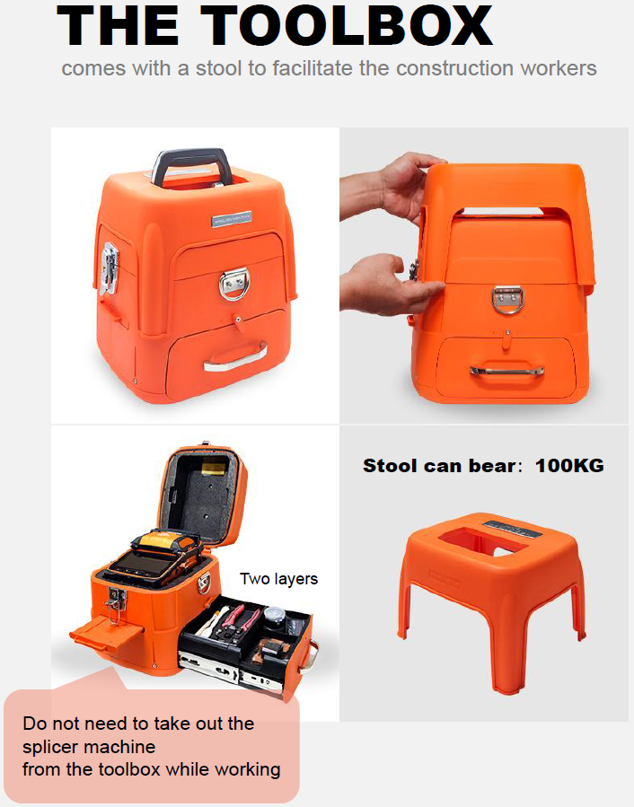 The image showcases an orange toolbox designed for construction workers, featuring a built-in stool that supports up to 100kg. It has two layers, including a bottom drawer for tool storage. Notably, the AI-9 FTTH Optical Fusion Splicer by FIBAsource Ltd can be used without removal, making it perfect for efficient on-site repairs.