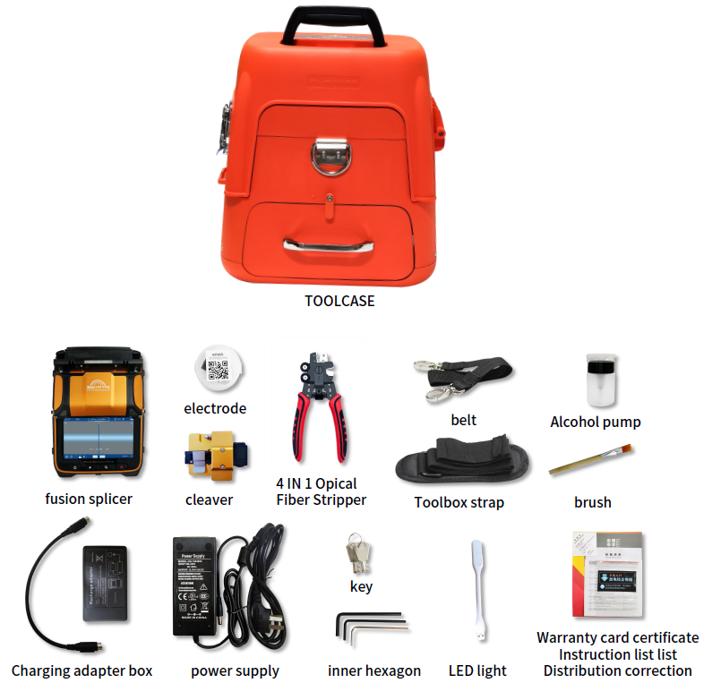 An image showcases the AI-9 FTTH Optical Fusion Splicer by FIBAsource Ltd, presented within an orange toolcase labeled TOOLCASE. The toolkit includes diverse items such as a fibre fusion splicer, an optical fibre machine, electrode, cleaver, fiber stripper, belt, alcohol pump, brush, adapter box, power supply unit with LED light functionality and hexagon tool. Additionally included are a key strap and documentation.