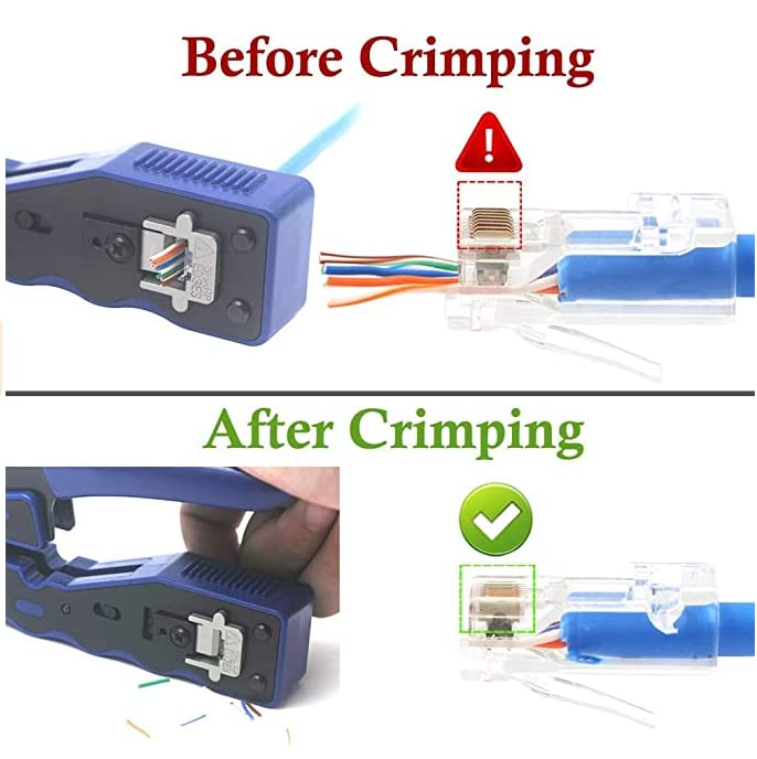 The image depicts two phases of cable crimping using the FIBAsource Ltd RJ45 Connector CAT6, Cat5E/Cat5 20 Pack. At the top, it shows a stage before crimping with a misaligned cable alongside a warning icon. Below, the post-crimping phase reveals a perfectly aligned configuration accompanied by a checkmark, ideal for Gigabit Ethernet connections.