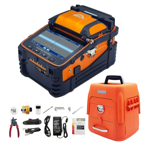 The AI-9 FTTH Optical Fusion Splicer by FIBAsource Ltd includes a screen and high-speed motor, and comes with a variety of accessories such as cables, connectors, a power adapter, and an orange carrying case.