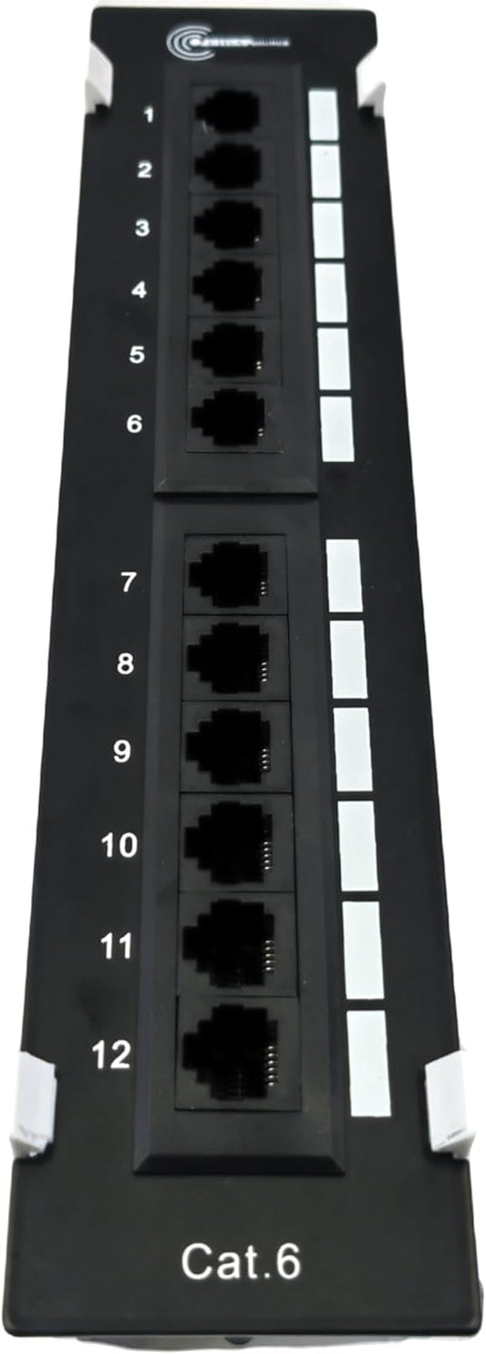 Front view FIBAsource black 12-port patch panel with numbered RJ45 ports for ethernet cable connections, designed for network cable management and structured cabling in data centres and server rooms.