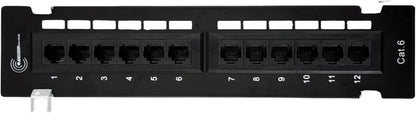 Front, flat, view of FIBAsource black 12-port patch panel with numbered RJ45 ports for ethernet cable connections, designed for network cable management and structured cabling in data centres and server rooms. 