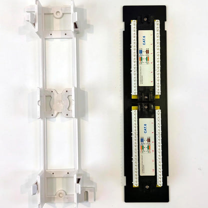 back view of FIBAsource 12-port patch panel showing individual connectors for ethernet cable terminations, organised for efficient cable management in network setups and server rooms. back mount beside the patch panel.