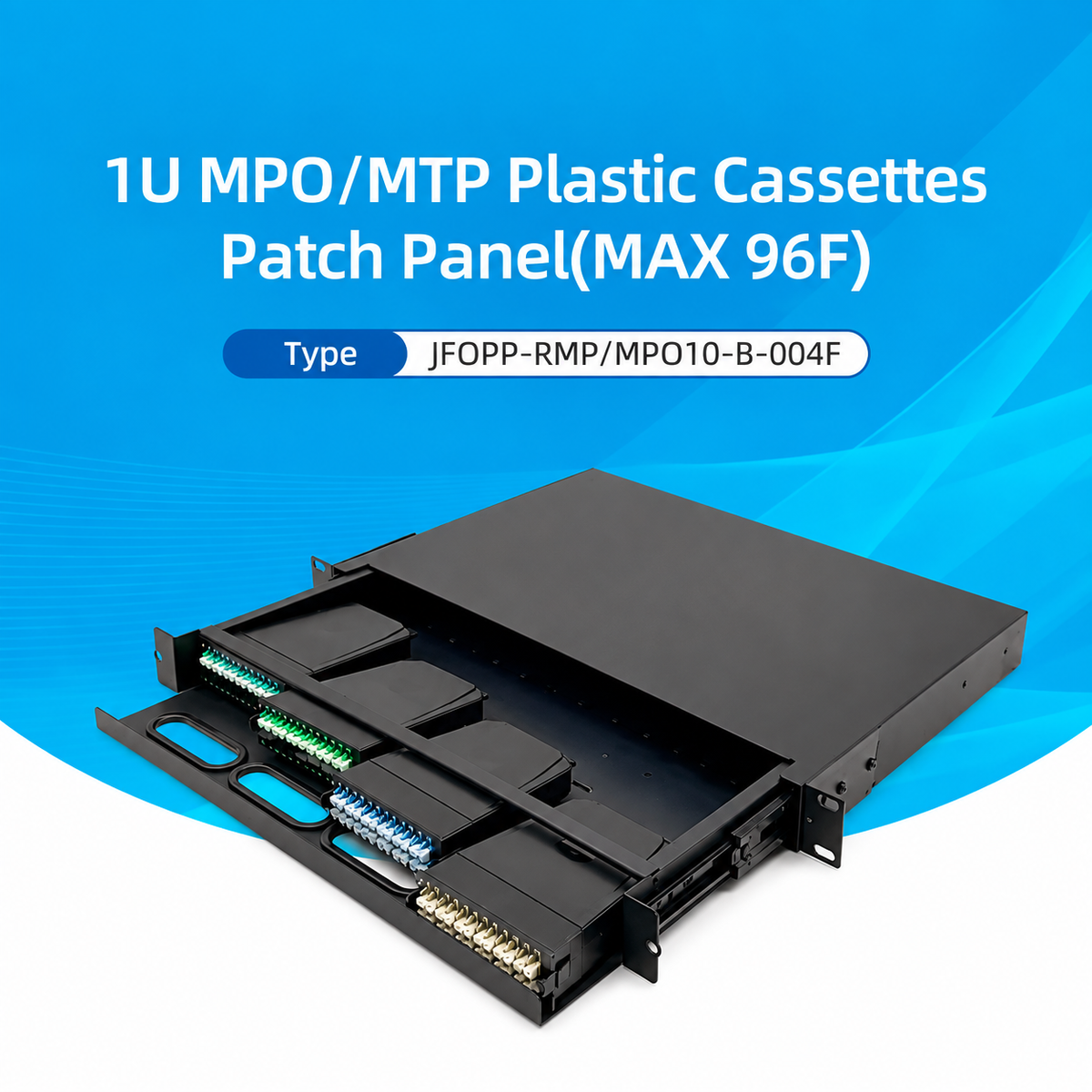 FIBAsource 1U 96 Core MPO/MTP Fibre Patch Panel — LC OM4 Duplex, Sliding Drawer, Modular Cassette Design