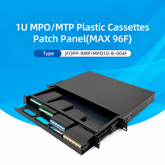 FIBAsource 1U 96 Core MPO/MTP Fibre Patch Panel — LC OM4 Duplex, Sliding Drawer, Modular Cassette Design