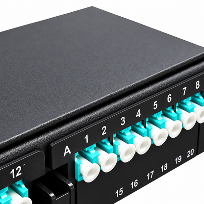FIBAsource 1U 96 Core MPO/MTP Fibre Patch Panel — LC OM4 Duplex, Sliding Drawer, Modular Cassette Design