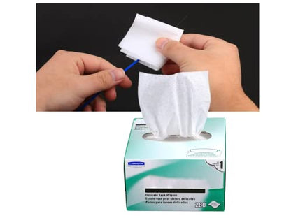 FIBAsource 280pcs Delicate Task Wiper Box for Optical Fiber Cleaning. Anti-static, dust-free wipes in compact packaging, ideal for delicate fiber optic maintenance. Suitable for scientific and optical applications in use