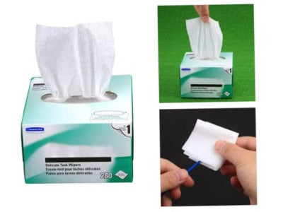 FIBAsource 280pcs Delicate Task Wiper Box for Optical Fiber Cleaning. Anti-static, dust-free wipes in compact packaging, ideal for delicate fiber optic maintenance. Suitable for scientific and optical applications