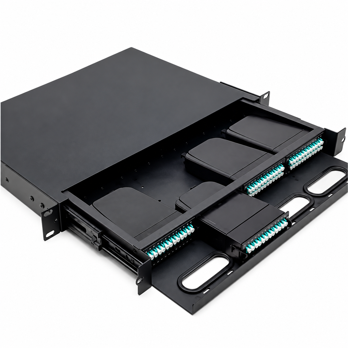 FIBAsource 1U 96 Core MPO/MTP Fibre Patch Panel — LC OM4 Duplex, Sliding Drawer, Modular Cassette Design